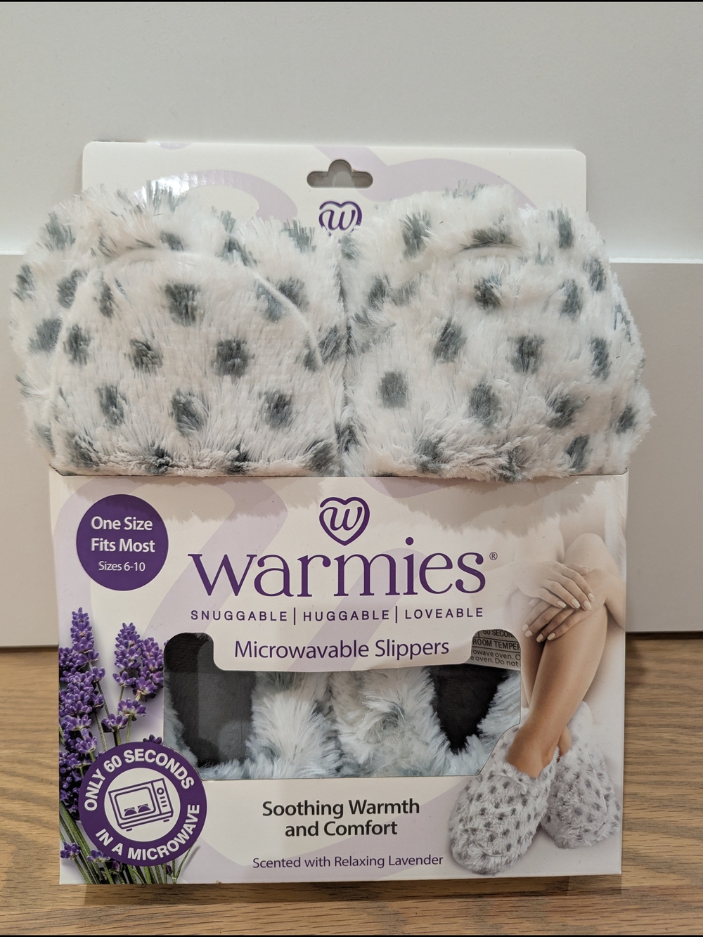Warmies Lavender-Scented Microwavable Plush Slippers - White with Gray Spots